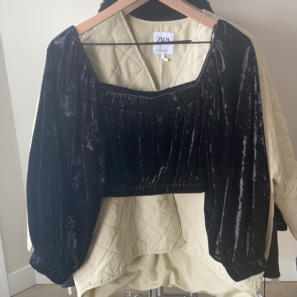 M 🔖 ZARA Velvet Cropped Long Sleeve Top Black Empire Crop - Picture 12 of 13